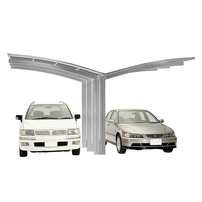 Ximax Carport Portoforte Y 110 - Außenmaß inkl. Dachüberstand (B x T): 5,43 x 4,95 m, Doppelcarport, Edelstahloptik, Schneelast: 137 kg/m² - Bild eines Doppelcarports aus Metall mit zwei parkenden Autos darunter, ideal für zwei Fahrzeuge.