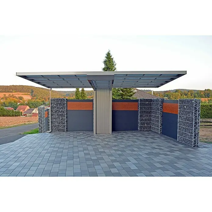 Ximax Carport Neo 90 - Außenmaß inkl. Dachüberstand (B x T): 2,76 x 4,95 m, Einzelcarport - Carport mit Gabionenwänden, Holz- und Metallelementen, gepflasterter Bodenfläche und ländlicher Umgebung. Stilvolles Design für den Außenbereich.