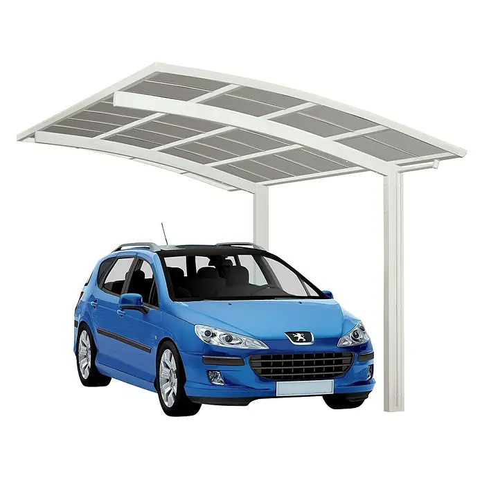Ximax Portoforte Carport 80 - Außenmaß inkl. Dachüberstand (B x T): 2,7 x 4,95 m, Einzelcarport - Carport mit einem blauen Auto darunter. Der Carport ist weiß und hat eine moderne Optik.