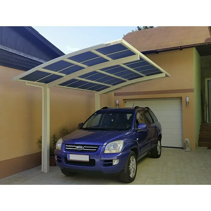 Ximax Portoforte Carport 80 - Außenmaß inkl. Dachüberstand (B x T): 2,7 x 4,95 m, Einzelcarport - Carport mit blauem Dach und einem blauen Kia Sportage darunter. Der Carport schützt das Fahrzeug vor Witterungseinflüssen.