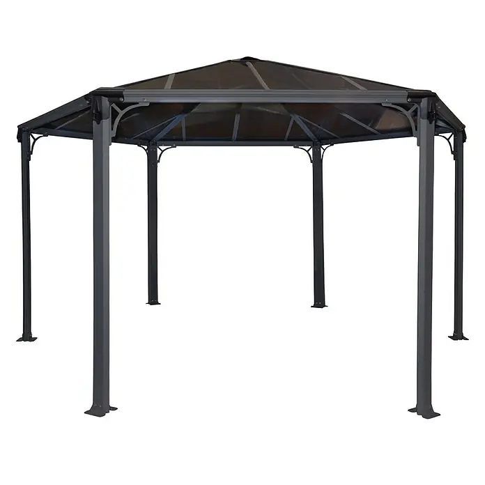 Palram – Canopia Pérgola estándar Mónaco - An x Pr: 390 x 450 cm, Color del armazón: Antracita, Aluminio - Imagen de un cenador hexagonal con techo oscuro y postes grises estables. Ideal para reuniones al aire libre.