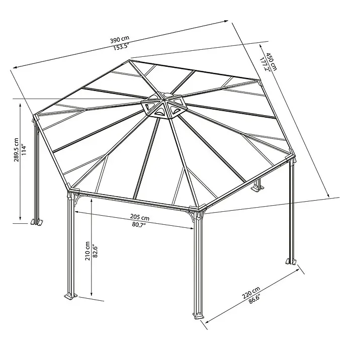 Palram – Canopia Pérgola estándar Mónaco - An x Pr: 390 x 450 cm, Color del armazón: Antracita, Aluminio - Cenador hexagonal con dimensiones indicadas, incluyendo altura, ancho y medidas diagonales.
