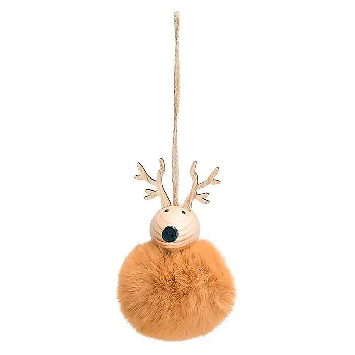 Christbaumschmuck Hirsch mit Fell - Braun, Kunststoff, Rund - Ein detailreicher, hängender Weihnachtsschmuck in Form eines Rentiers mit einem flauschigen, braunen Körper und einem Holzkopf mit Geweih.
