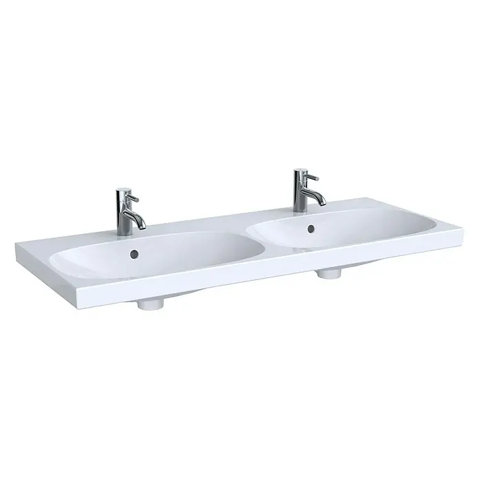 Geberit Acanto Doppelwaschtisch - 120 x 48 cm, Mit schmutzabweisender Glasur, Hahnloch: Mitte, Mit Überlauf, Weiß - Ein weißes Doppelwaschbecken mit zwei Armaturen. Das Waschbecken hat eine moderne, rechteckige Form.
