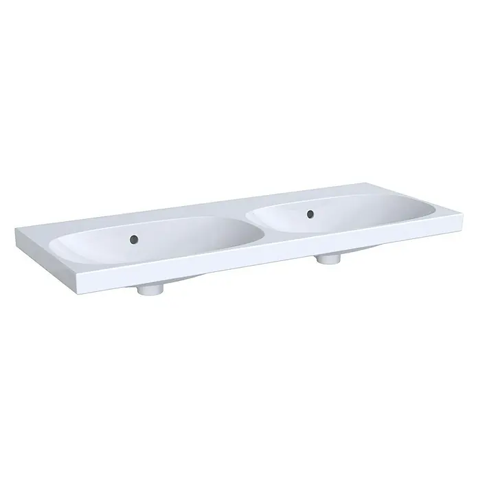 Geberit Acanto Doppelwaschtisch - 120 x 48 cm, Ohne Spezialglasur, Hahnloch: Ohne, Mit Überlauf, Weiß - Ein weißes Doppelwaschbecken mit zwei Becken und Hahnlöchern, ideal für Badezimmer mit viel Platz.