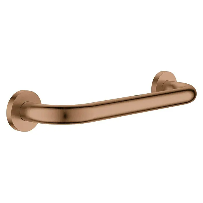 Grohe Essentials Wannengriff - Breite: 34,9 cm, Warm Sunset, Matt - Nahaufnahme eines bronzefarbenen Haltegriffs mit Befestigungen an beiden Enden, ideal für Badezimmer zur Unterstützung und Sicherheit.