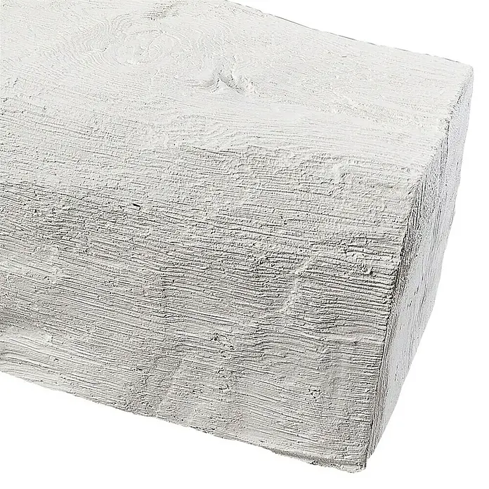 Dekobalken - Weiß, 200 x 19,5 x 12,5 cm, Polyurethan - Nahaufnahme eines weißen Balkens mit rauer Textur und sichtbaren Holzmaserungen, ideal für rustikale Designs.