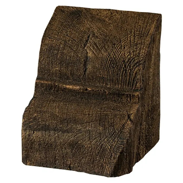 Dekoelement - Konsole, Dunkelbraun, 6 x 9 x 11 cm - Nahaufnahme eines dekorativen Balkenschuhs in dunklem Holzdesign mit markanter Maserung.