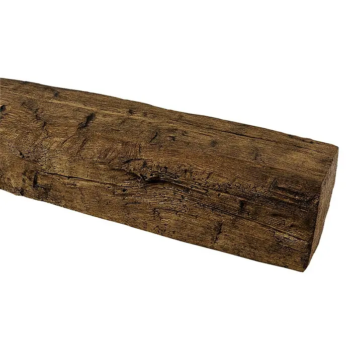 Dekobalken - Dunkelbraun, 200 x 9,5 x 6 cm, Polyurethan - Nahaufnahme eines dekorativen Holzstammimitats mit deutlicher Holzmaserung auf schwarzem Hintergrund.
