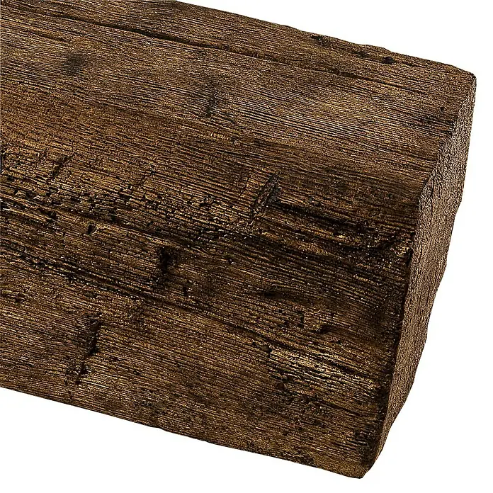 Dekobalken - Dunkelbraun, 200 x 19,5 x 12,5 cm, Polyurethan - Nahaufnahme eines rustikalen Holzbalkens mit ausgeprägter Maserung und dunklen Farbtönen, ideal für Dekorationen.