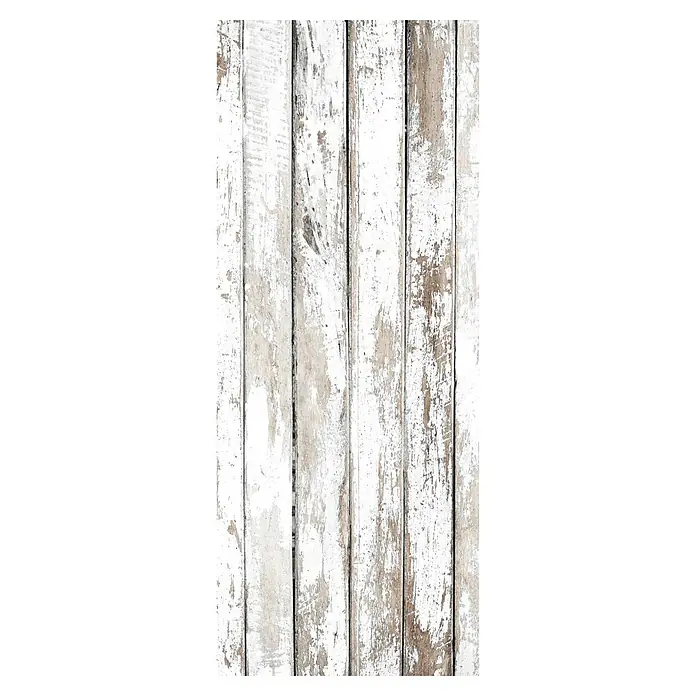 SanDesign Alu-Verbundplatte - 100 x 250 cm, Vintage Wood - Detailaufnahme einer Wand aus weißen, verwitterten Holzpaneelen, die eine rustikale und vintage Atmosphäre vermitteln.
