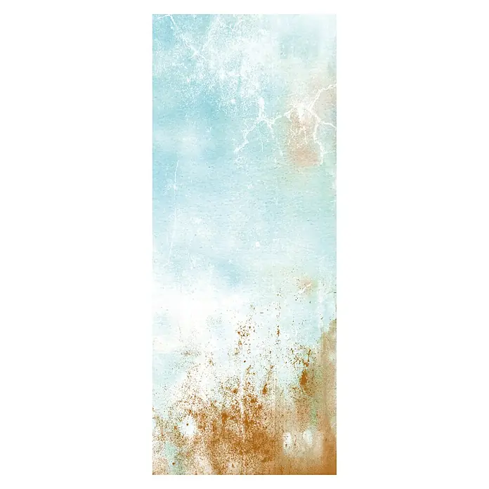 SanDesign Acryl-Verbundplatte - 100 x 250 cm, Copper Rust - Abstraktes Wandbild mit beruhigenden Blau- und Erdtönen, das eine ruhige und dennoch dynamische Atmosphäre schafft.