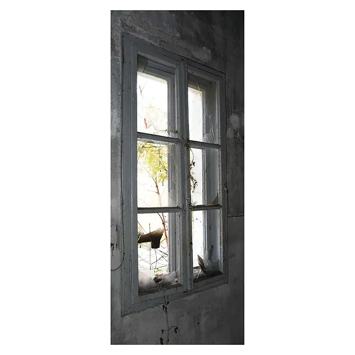SanDesign Acryl-Verbundplatte - 100 x 250 cm, Lost Place Broken Window - Zerbrochenes Fenster in einem verlassenen Gebäude, das die Vergänglichkeit und den Verfall des einstigen Glanzes des Gebäudes zeigt.
