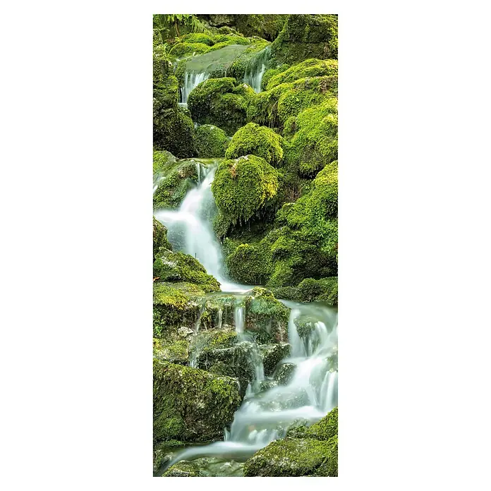 SanDesign Acryl-Verbundplatte - 100 x 250 cm, Natural Stream - Idyllischer Wasserfall mit üppigem Grün. Das Wasser fließt sanft über moosbedeckte Felsen und schafft eine beruhigende Atmosphäre.