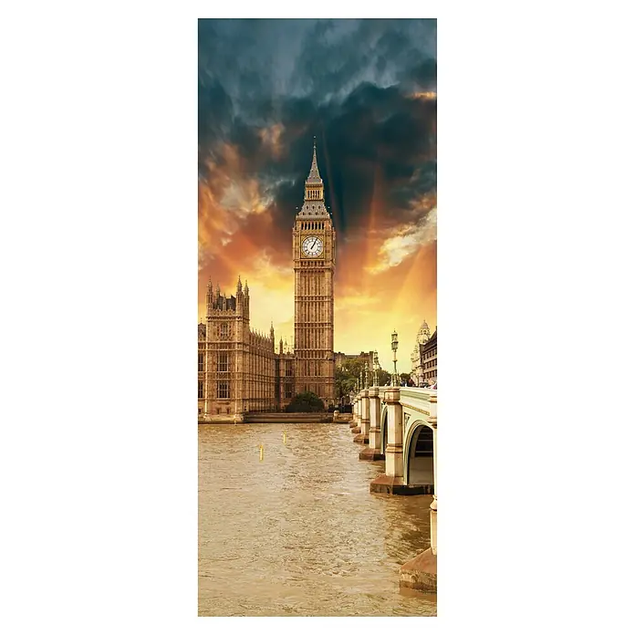 SanDesign Acryl-Verbundplatte - 100 x 250 cm, London Tower - Ansicht des Big Ben in London bei Sonnenuntergang, ein Wahrzeichen mit historischer Architektur und malerischer Flusslandschaft.