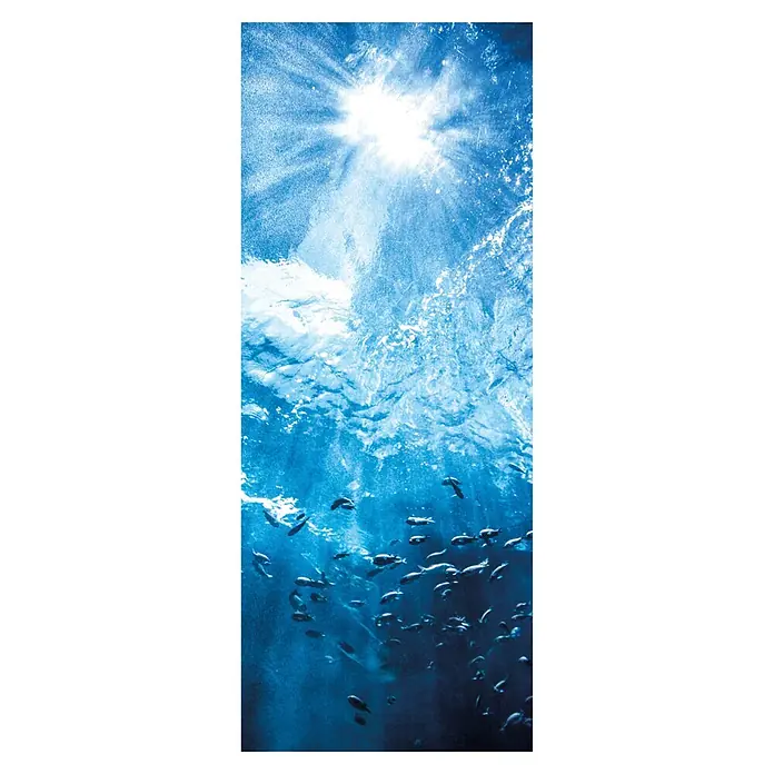 SanDesign Acryl-Verbundplatte - 100 x 250 cm, Underwater - Unterwasseraufnahme mit Sonnenstrahlen und einer Gruppe Fische, die ein ruhiges und natürliches Meeresbild erzeugen.