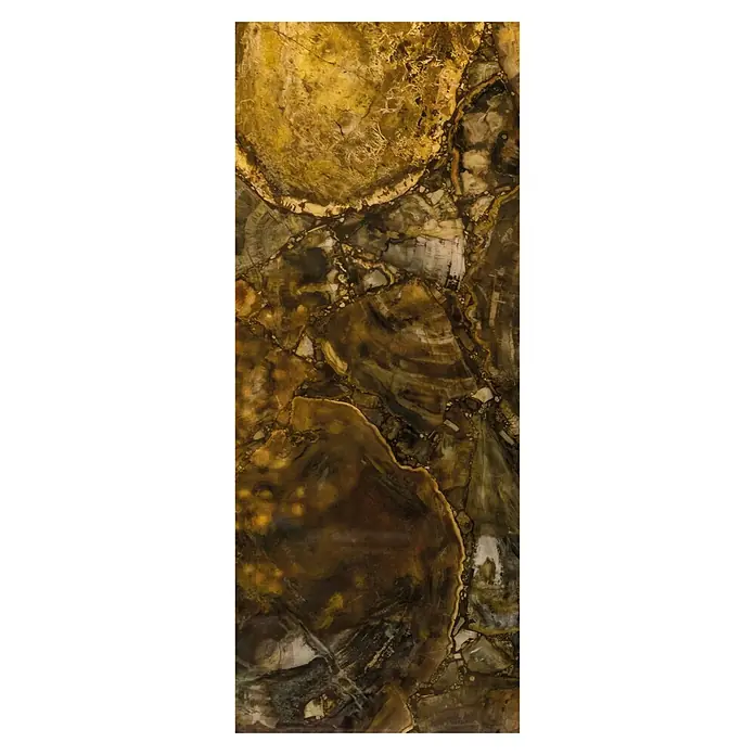 SanDesign Acryl-Verbundplatte - 100 x 250 cm, Golden Onyx - Nahaufnahme einer polierten Steinplatte mit organischen Mustern in Gold- und Brauntönen, ideal für luxuriöse Innendesigns.