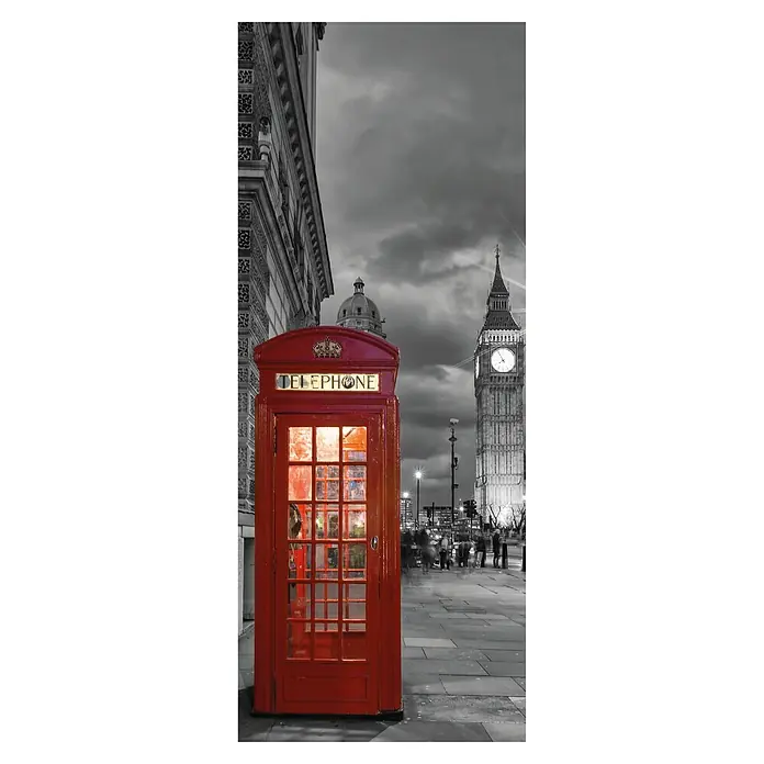 SanDesign Acryl-Verbundplatte - 100 x 250 cm, London Telephone - Rote Telefonzelle in London vor dem Hintergrund von Big Ben, wobei die rote Farbe der Telefonzelle besonders hervorsticht.