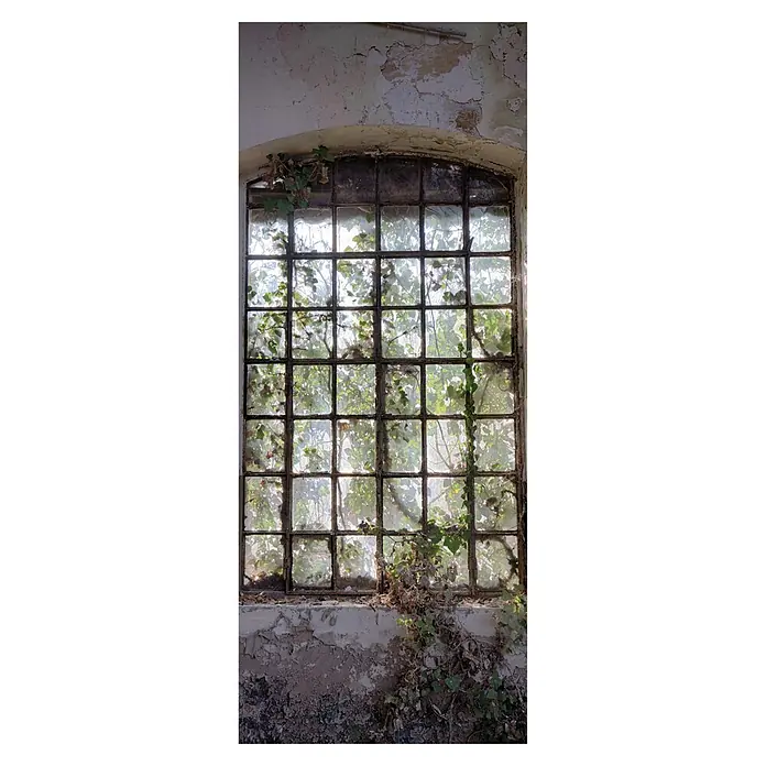 SanDesign Acryl-Verbundplatte - 100 x 250 cm, Lost Place Big Window - Eine verlassene Fensteransicht, durchrankt von Grün, die den Verfall des Gebäudes unterstreicht und einen Hauch von Natur hinzufügt.