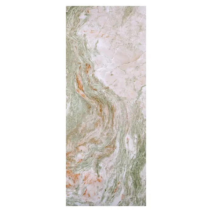 SanDesign Acryl-Verbundplatte - 100 x 250 cm, Green Onyx - Marmorplatte mit grünen, weißen und kupferfarbenen Wirbeln. Das Produkt ist für Böden und Wände geeignet und sorgt für ein edles Ambiente.