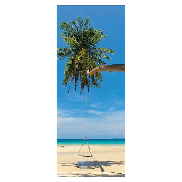 SanDesign Acryl-Verbundplatte - 100 x 250 cm, Holiday - Eine Schaukel hängt von einer Palme an einem sonnigen Strand. Der helle Sand und das blaue Wasser laden zum Entspannen ein.