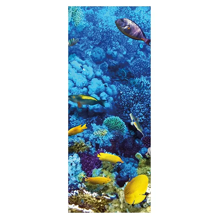 SanDesign Acryl-Verbundplatte - 100 x 250 cm, Coral Reef - Das Bild zeigt eine lebendige Unterwasserwelt mit einer Vielzahl von Fischen, Korallen und Meereslebewesen in leuchtenden Farben.
