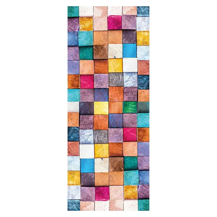 SanDesign Alu-Verbundplatte - 100 x 250 cm, Colored Wood - Buntes Wandpaneel aus quadratischen Holzblöcken, die mit verschiedenen Farben und Texturen eine lebendige, dekorative Oberfläche bilden.