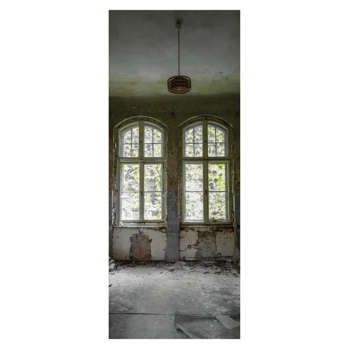 SanDesign Alu-Verbundplatte - 100 x 250 cm, Lost Place Window - Verlassener Raum mit zwei Fenstern, die von Pflanzen bedeckt sind, und einer herunterhängenden Lampe. Die Wände sind verfallen.