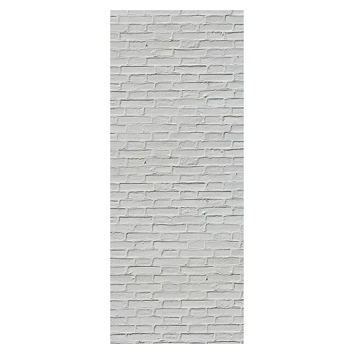 SanDesign Alu-Verbundplatte - 100 x 250 cm, White Brick Wall - Weiße Ziegelwand mit sichtbarer Textur. Die Wand ist einfarbig weiß gestrichen und weist eine robuste, architektonische Ästhetik auf.