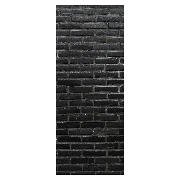 SanDesign Alu-Verbundplatte - 100 x 250 cm, Dark Brick Wall - Nahaufnahme einer schwarzen Backsteinmauer mit deutlich sichtbarem Mörtel, die eine robuste und industrielle Ästhetik vermittelt.