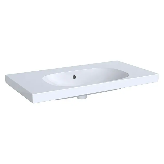 Geberit Acanto Waschtisch - 90 x 48 cm, Mit schmutzabweisender Glasur, Hahnloch: Ohne, Mit Überlauf, Weiß - Weißes Aufsatzwaschbecken für das Badezimmer. Das Becken hat ein modernes Design und ist rechteckig mit abgerundeten Kanten.