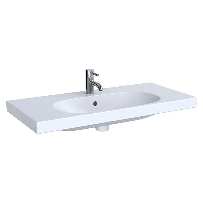 Geberit Acanto Waschtisch Compact - 75 x 42 cm, Ohne Spezialglasur, Hahnloch: Mitte, Mit Überlauf, Weiß - Waschbecken mit Armatur. Das Waschbecken ist weiß und hat eine rechteckige Form mit einer ovalen Mulde.