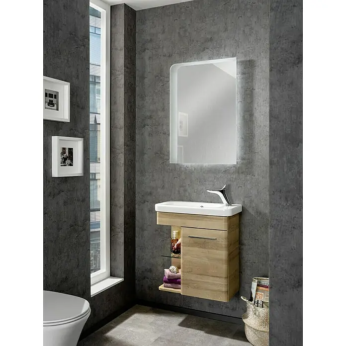 Camargue Faro Mini LED-Lichtspiegel - 55 x 80 cm - Modernes Badezimmer-Waschbecken mit Holzunterschrank, stilvollem Spiegel und Ablageflächen für Accessoires, für ein elegantes Ambiente.