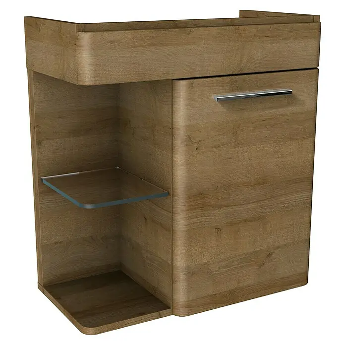 Camargue Faro Mini Badmöbel-Set - Gesamtbreite Badmöbel: 55 cm, Berg Eiche, 3 -tlg. - Holzfarbener Waschtischunterschrank mit Schublade und Ablagefläche aus Glas für das Badezimmer.
