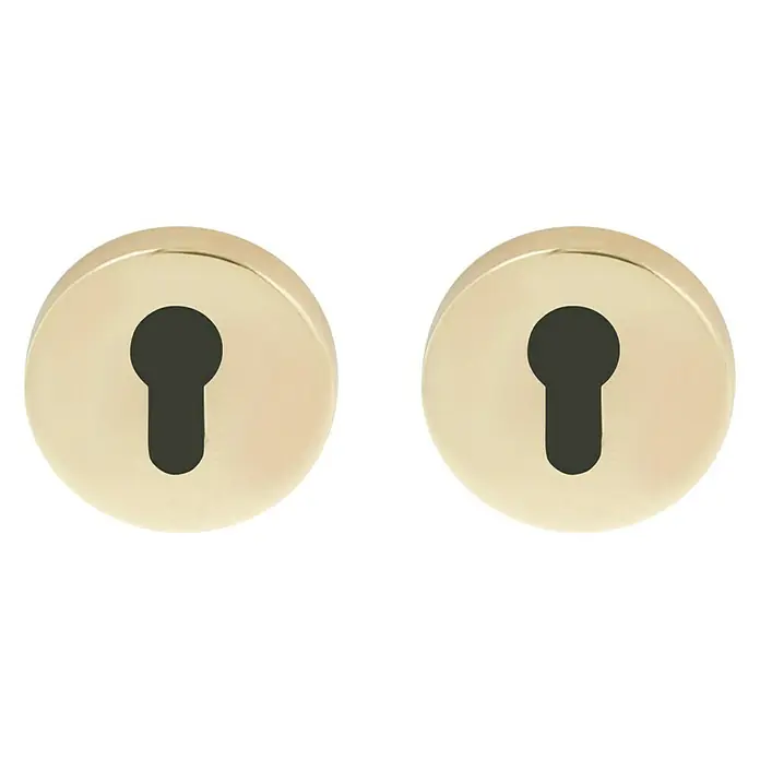 Diamond Doors Schlüsselschild - Profilzylinder, Messing-Optik - Nahaufnahme von zwei goldenen Schlüssellöchern.