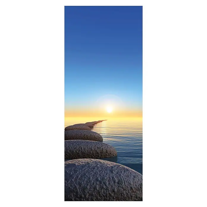 SanDesign Alu-Verbundplatte - 100 x 250 cm, Sunrise - Die Stepping Stones über das Wasser führen zu einem Sonnenuntergang im Hintergrund und bieten einen einzigartigen Touch.