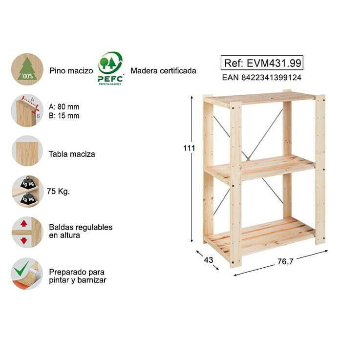 Astigarraga Evolution Estantería de madera (An x Al: 76,7 x 111 cm, Madera, Natural)