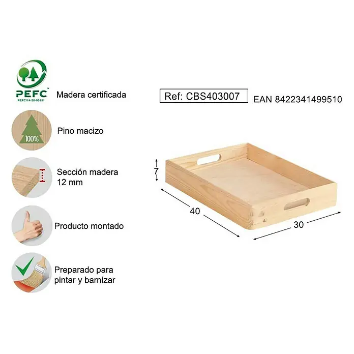 Astigarraga Caja de madera - L x An x Al: 30 x 40 x 7 cm, Madera de pino - Bandeja de madera con asas, de madera certificada, ideal para pintar y barnizar. Dimensiones: 40 x 30 x 7 cm.