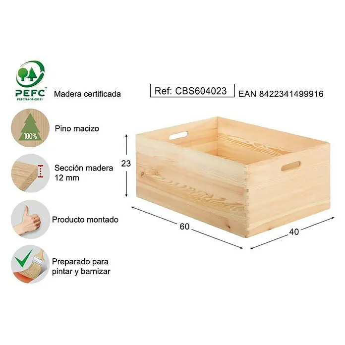 Astigarraga Caja de madera - L x An x Al: 40 x 60 x 23 cm, Madera de pino - Imagen de una caja de madera de pino macizo que muestra las medidas, la sección de madera y los detalles de la certificación.