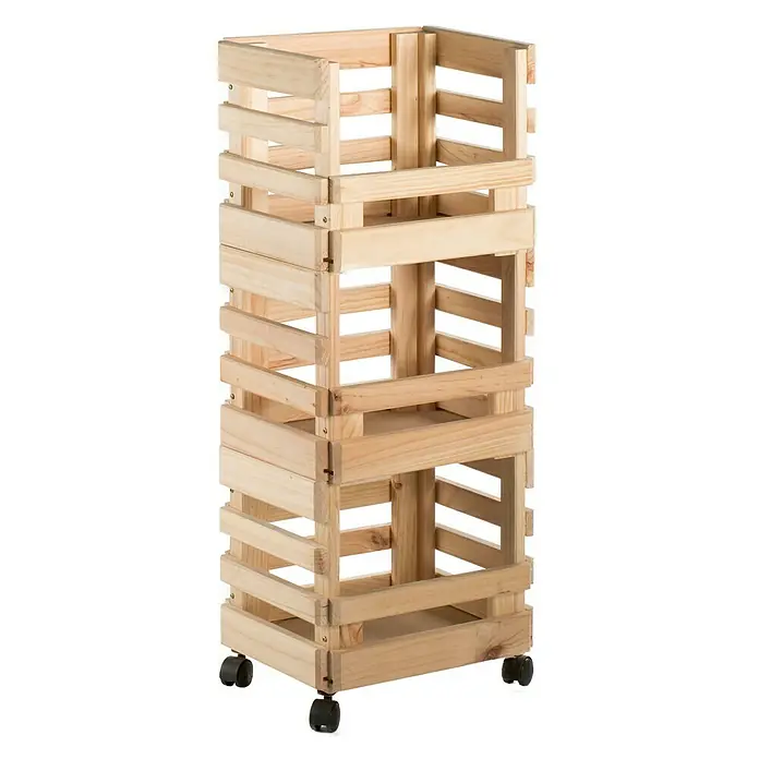 Astigarraga Evolution Carro de cocina - L x An x Al: 30 x 38 x 90 cm, Natural - Torre de almacenamiento de madera con ruedas que presenta un diseño de tres niveles tipo caja, ideal para organización versátil.