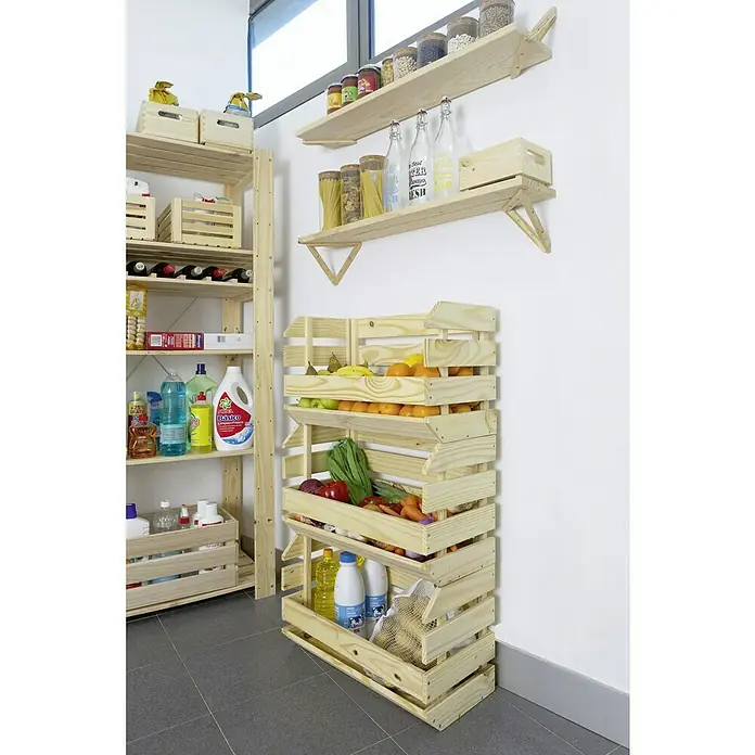 Astigarraga Evolution Caja de madera apilable - L x An x Al: 28,5 x 60 x 35,3 cm, Marróm - Estanterías de almacenamiento de madera llenas de alimentos y suministros. Varias unidades y contenedores para una despensa organizada.