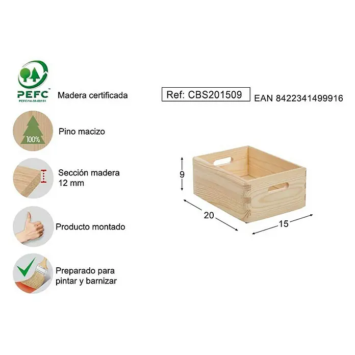Astigarraga Caja de madera - L x An x Al: 20 x 15 x 9 cm, Madera de pino - Imagen de una caja de madera de 20x15x9 cm, hecha de madera certificada. Perfecta para pintar y barnizar.