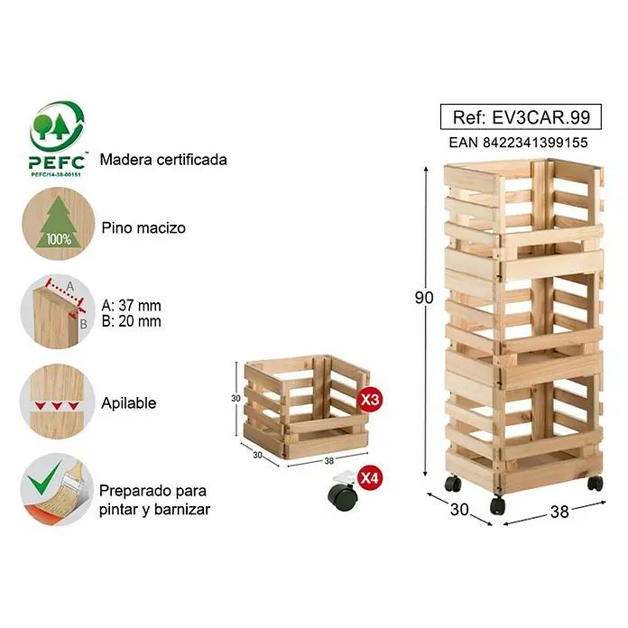 Astigarraga Evolution Carro de cocina - L x An x Al: 30 x 38 x 90 cm, Natural - Imagen de una estantería de madera con tres compartimentos y ruedas, con información del producto y dimensiones.
