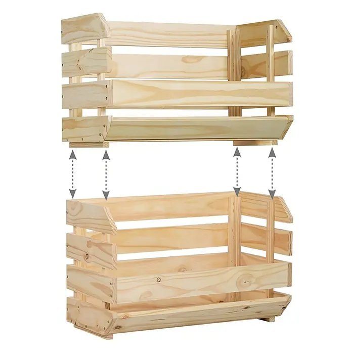 Astigarraga Evolution Caja de madera apilable - L x An x Al: 28,5 x 60 x 35,3 cm, Marróm - Imagen de dos expositores de estanterías de productos de madera sin acabar apilados con estantes aptos para guardar frutas y verduras.