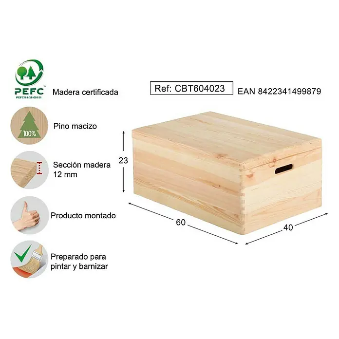 Astigarraga Caja de almacenaje - L x An x Al: 60 x 40 x 23 cm - Caja de madera sin tratar con tapa, dimensiones 60 x 40 x 23 cm. Perfecta para pintar y barnizar.