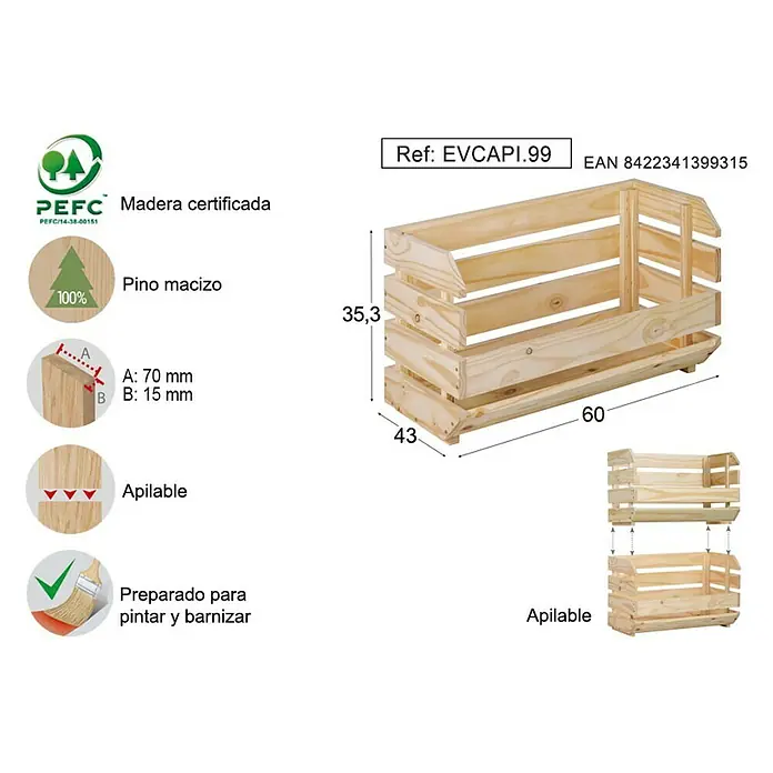 Astigarraga Evolution Caja de madera apilable - L x An x Al: 28,5 x 60 x 35,3 cm, Marróm - Imagen del producto de una caja de madera con dimensiones, apilada y lista para pintar.