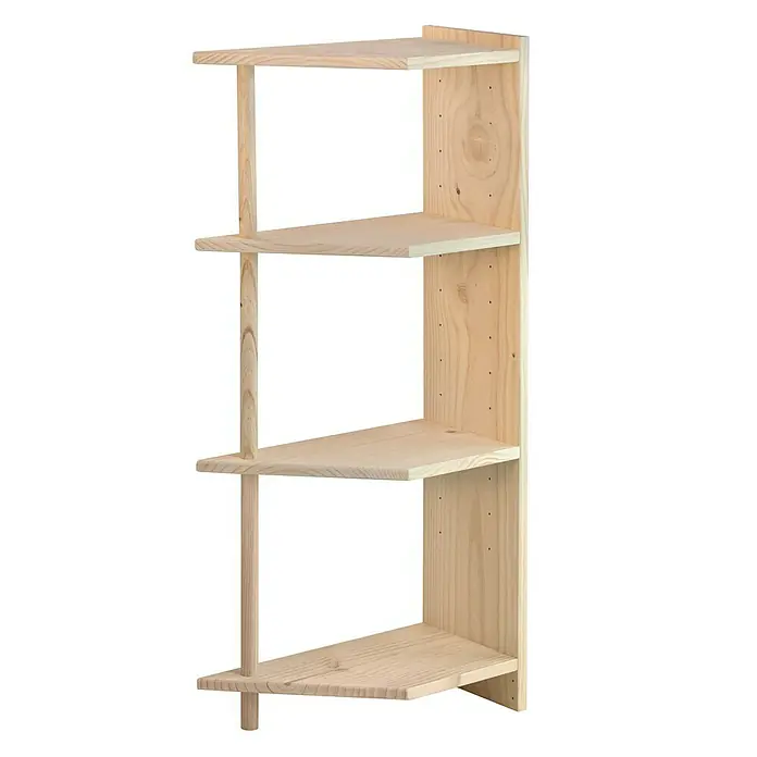 Astigarraga Gala Estantería esquinera - Al x An x Pr: 120,7 x 49,8 x 25 cm, Número de baldas: 4 ud., Atornillado, Natural - Estantería de madera con cuatro estantes triangulares unidos por una barra, ideal para espacios pequeños.