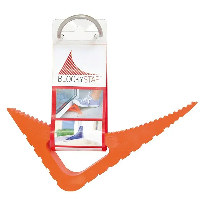 Retenedor para puerta y ventana Blockystar - Naranja - Cuña naranja Blockystar para puertas y ventanas con estrías y colgador para mantener abierta.