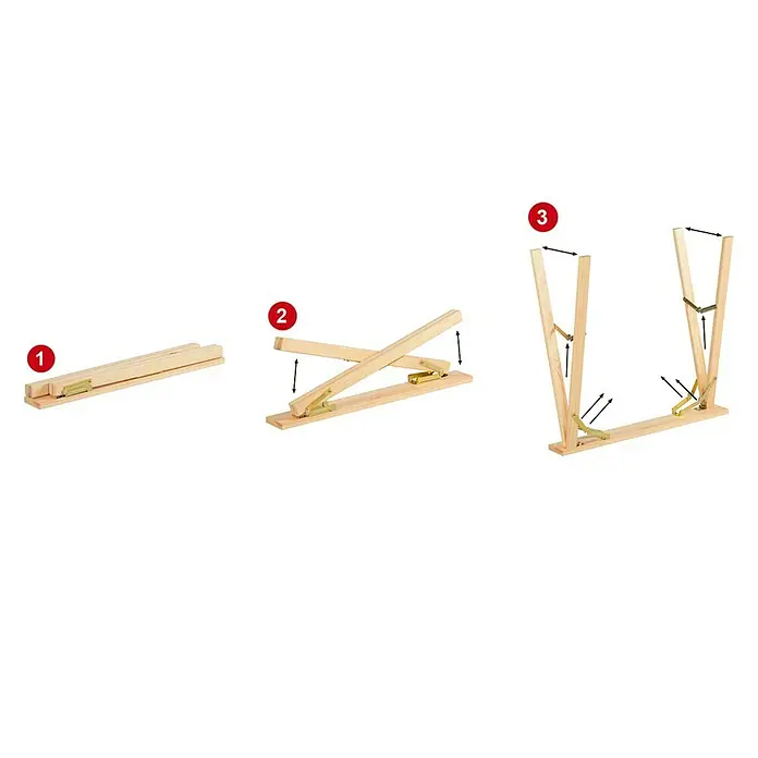 Astigarraga Caballete plegable de madera Kipli - Peso máximo admitido: 250 kg, Altura: 73,5 cm, Pino - Guía paso a paso para montar un caballete de madera plegable con bisagras doradas en tres fases.