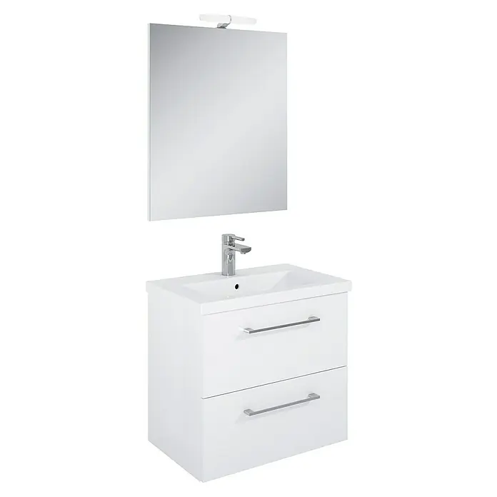 Riva Compact Badmöbel-Set61,7 cm, Weiß - Ein weißer Waschtisch mit zwei Schubladen, einem Waschbecken, einem Wasserhahn und einem Spiegel mit Beleuchtung.